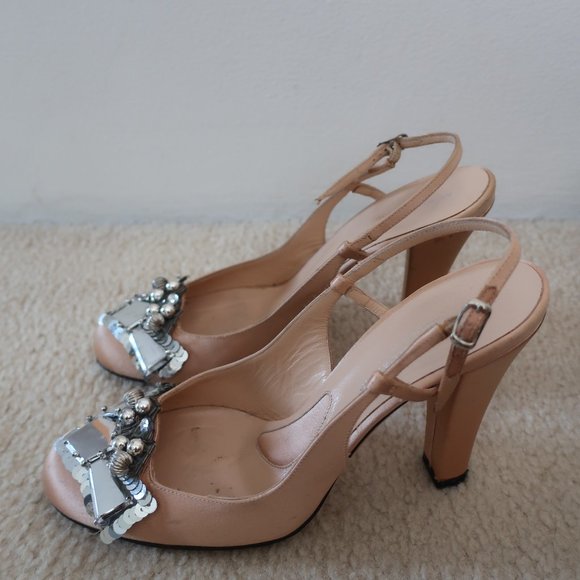 ALESSANDRO DELL'ACQUA SATIN HEEL BEIGE/PEACH/PINK WITH BLOCK HEEL - Picture 3 of 16